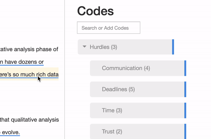 Merging qualitative codes in Delve qualitative data analysis tool. 